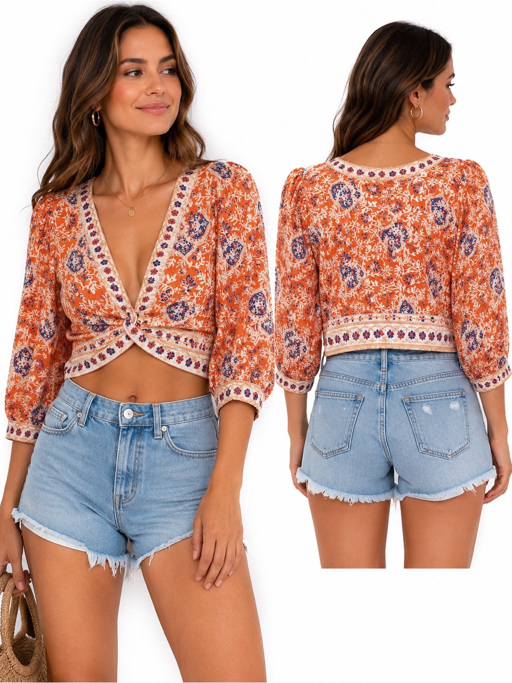 Free People Orange Boho Wrap Crop Top Paisley Floral Smocked Back Large